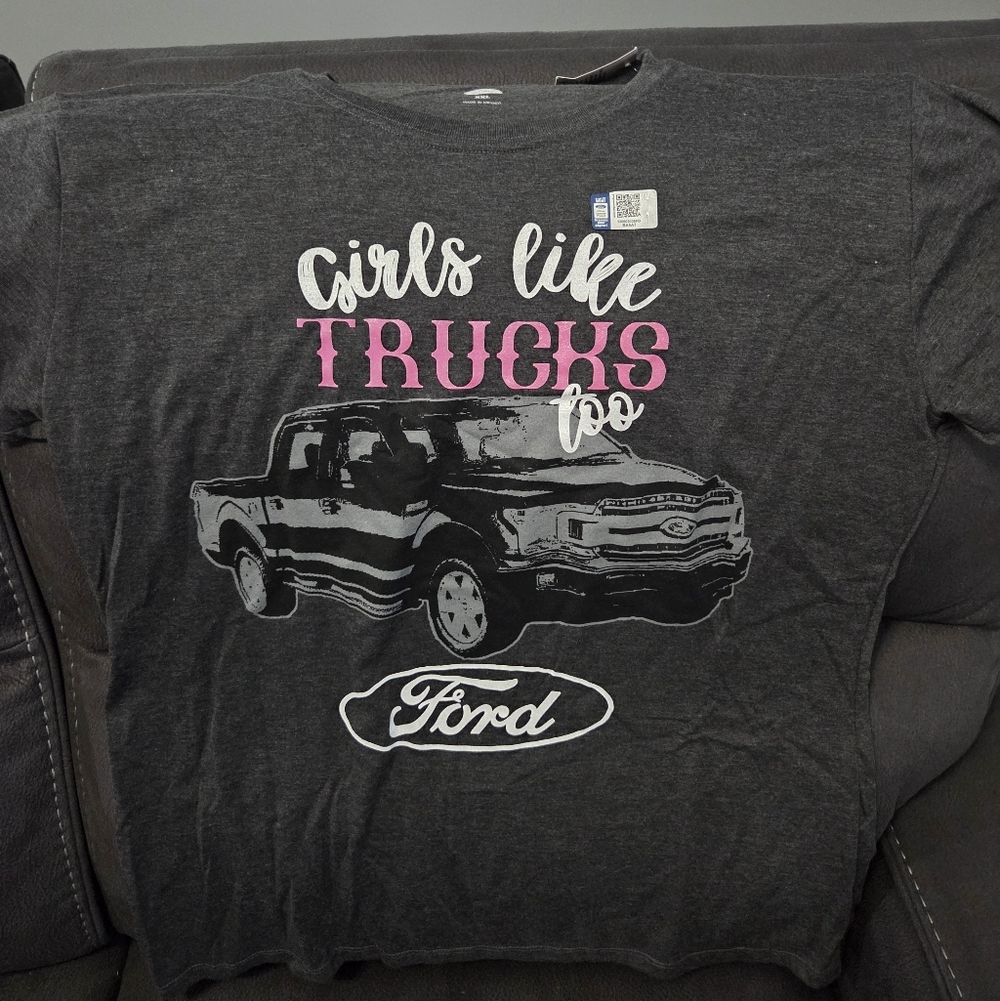 Ford Charcoal Gray Tee with Pink & White 'Girls Like Trucks' Graphic